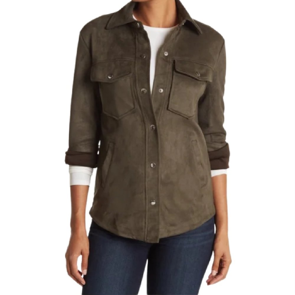Ookie and Lala Faux Suede Button Down Shirt Jacket